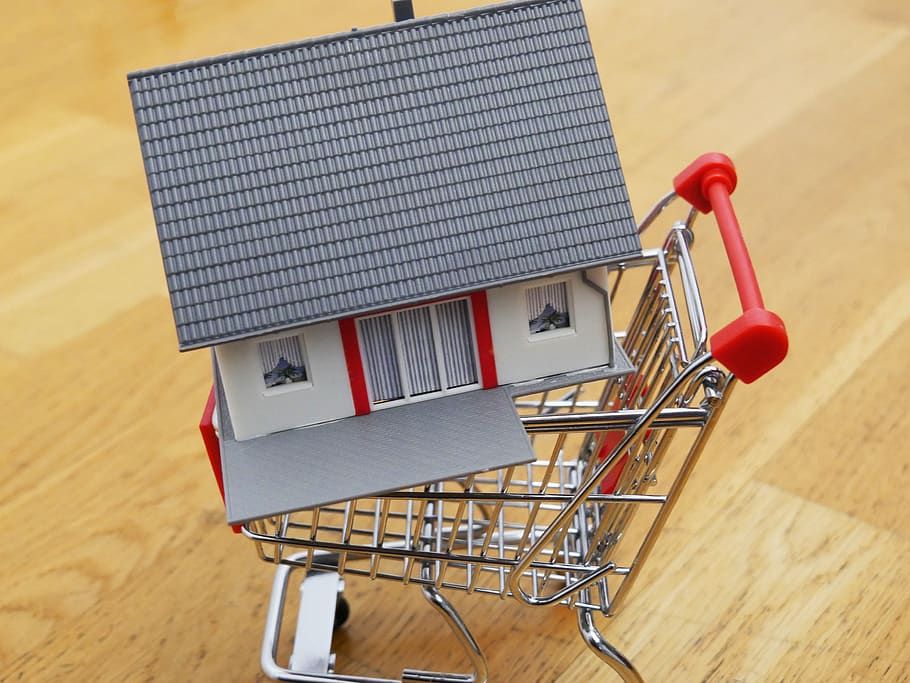 Model of house in a supermarket trolley