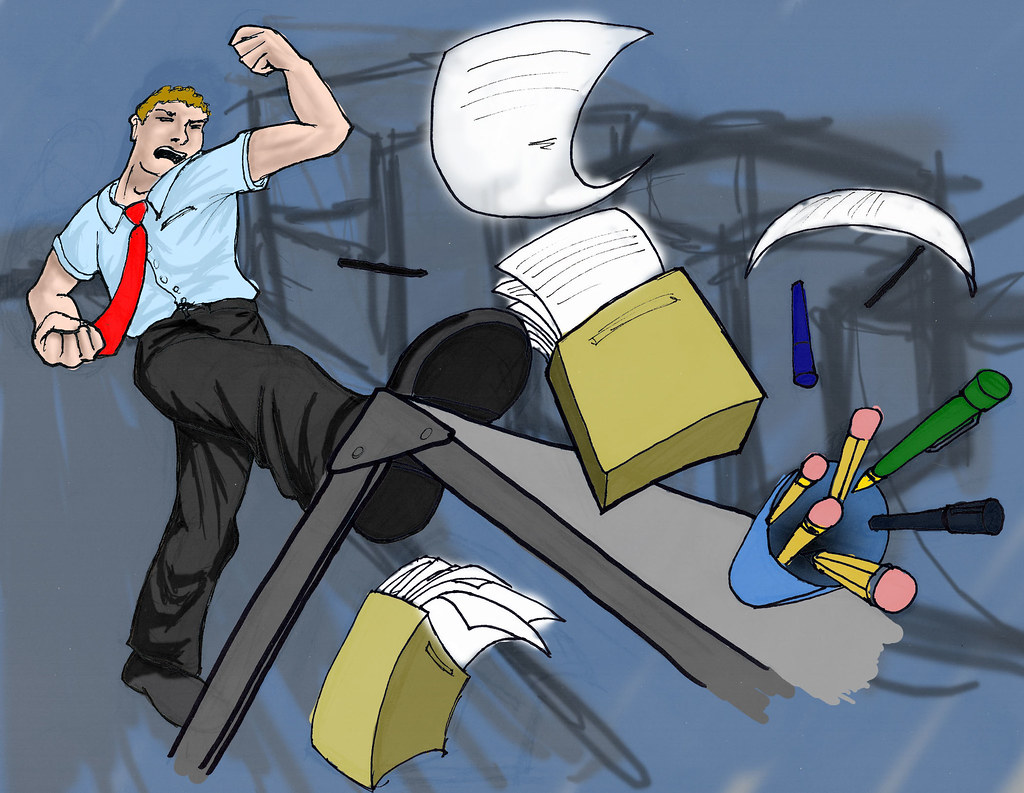 Man kicking over desk cartoon