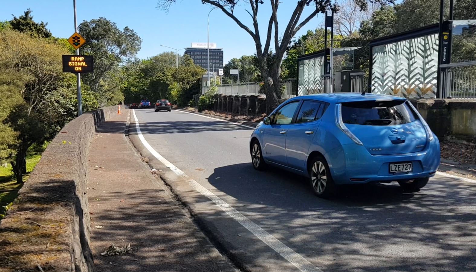 Nissan leaf at motorway onramp