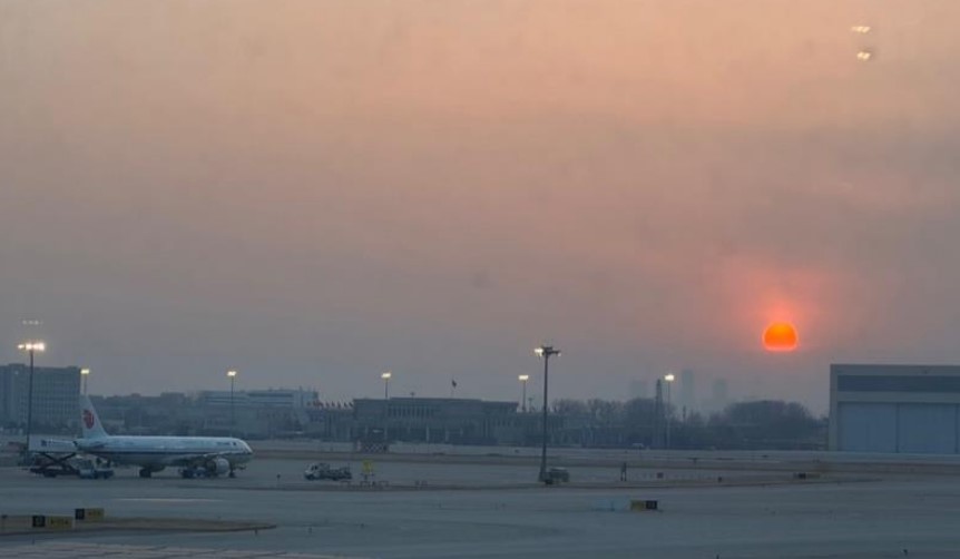Beijing airport, empty at sunset