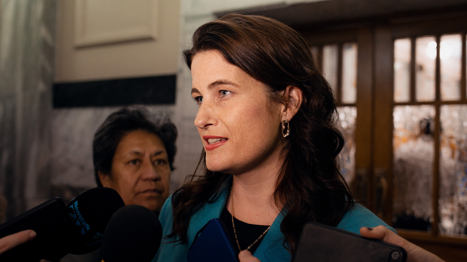 Deputy leader of The National Party, Nicola Willis speaks with media in Parliament