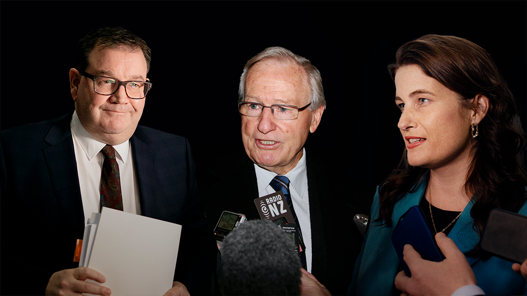 A composite image of finance minister Grant Robertson, former prime minister Jim Bolger, and National finance spokesperson Nicola Willis.