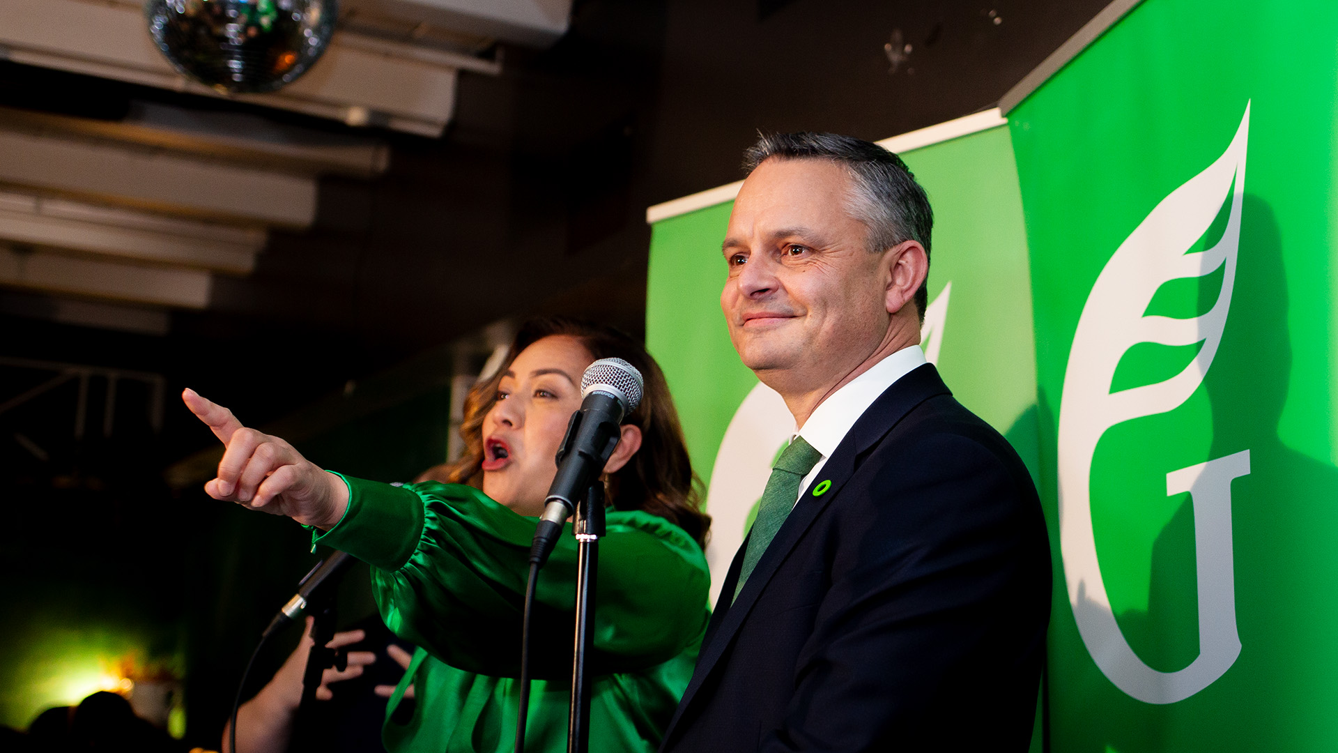 James Shaw and Marama Davidson celebrate on election night in October 2023