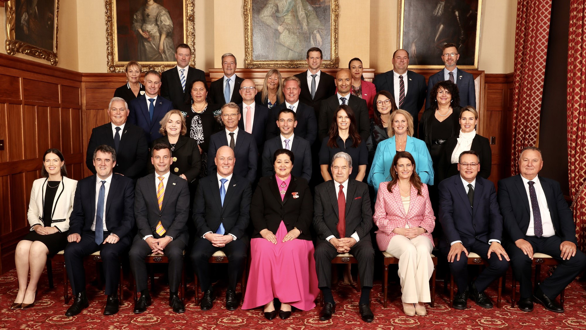The coalition government's executive council with Governor-General of New Zealand Cindy Kiro (center) after the 2023 appointment ceremony. (Photo: Mark Mitchell) 