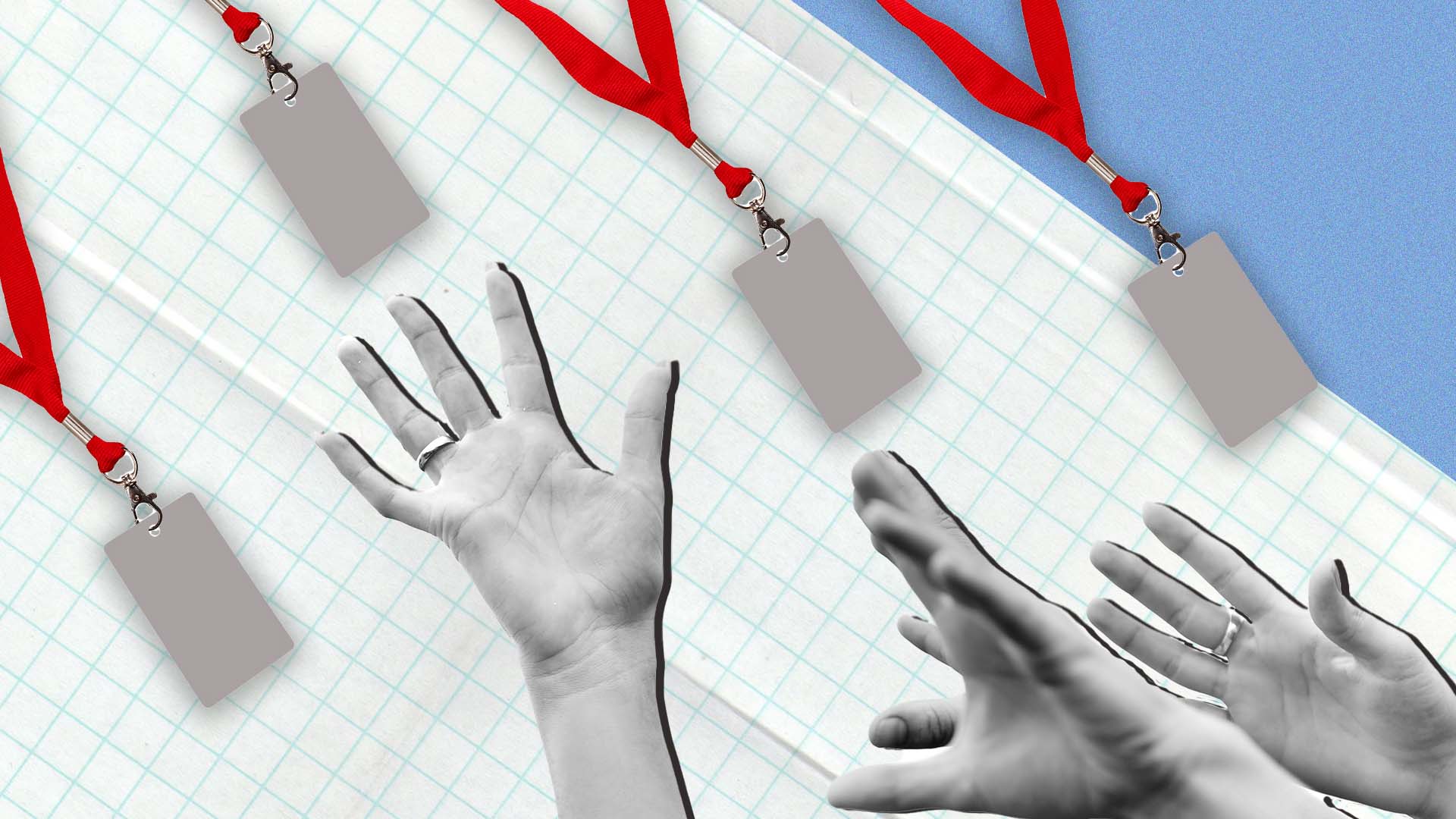 A composite image of paper with blue squares and a blue background overlayed with hands reaching for lanyards.