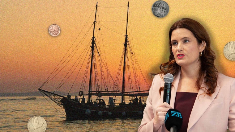 A composite image of Finance Minister Nicola Willis overlayed onto a ship in the ocean as the sun sets and New Zealand coins.