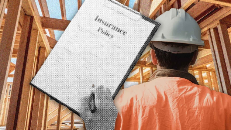 A composite image of a wooden framework of a new residential building under construction, overlayed with a faceless builder and a hand signing an insurance policy.