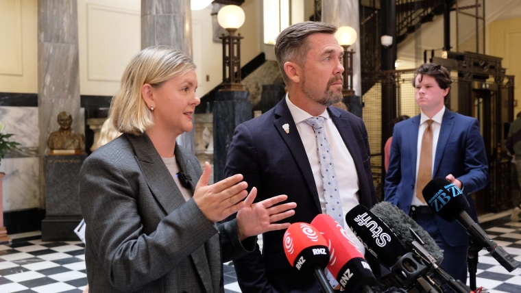 Labour MP Camilla Belich and National MP Greg Fleming speak to reporters at Parliament.