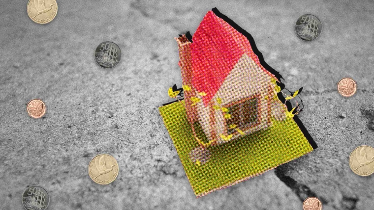 A composite image of crack in concrete overlayed with New Zealand coins and a miniature house.