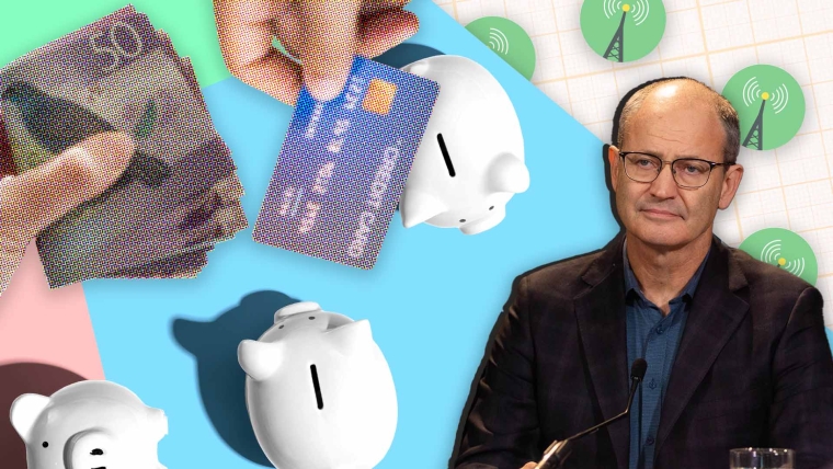 A composite image of grid paper and a colourful background featuring piggy banks overlayed with images of a hand holding New Zealand money, a hand holding a credit card, antenna logos, and Reserve Bank chief economist Paul Conway.