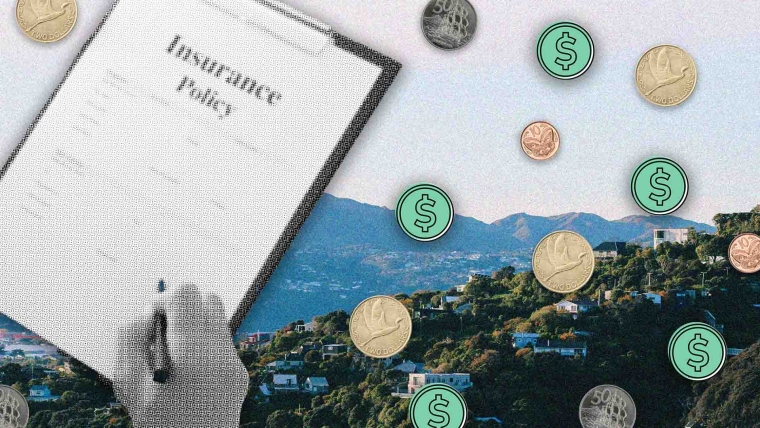 A composite image of someone filling in details of an insurance policy overlayed on top of the landscape of Wellington, New Zealand coins and dollar signs