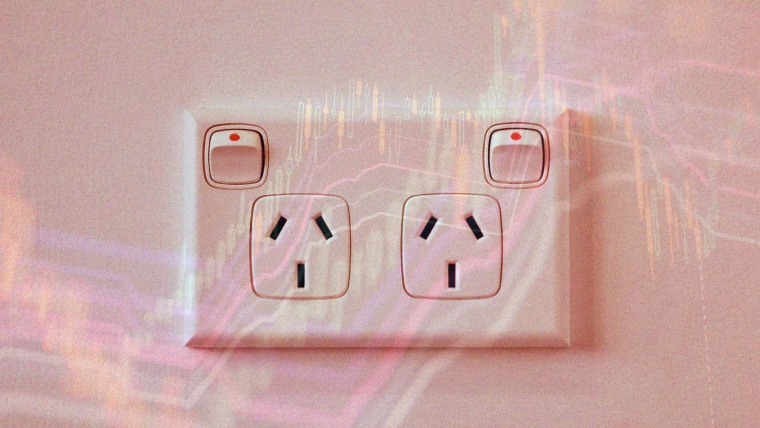 A composite image of an electrical outlet overlayed with a vibrant display of market trends.