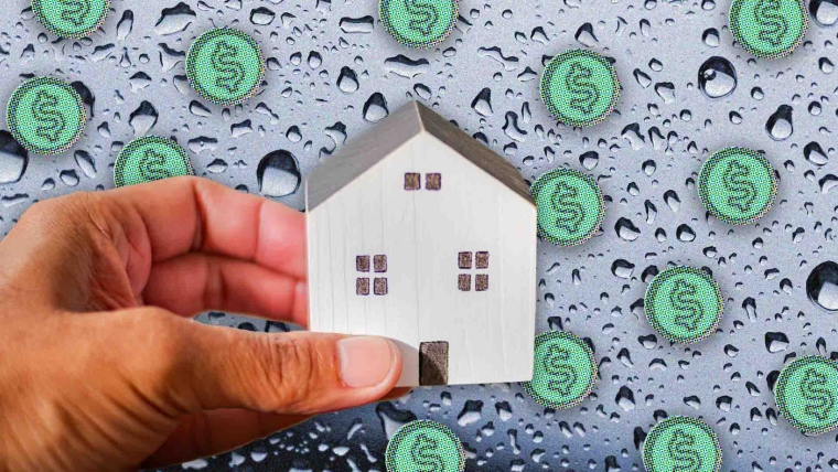 A composite image of raindrops overlayed with dollar signs and a hand holding a miniature home.