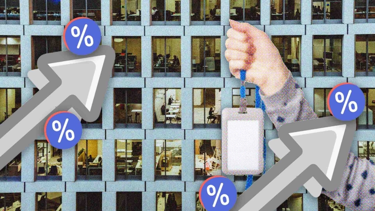 A composite image of a building with windows where you can see people working overlayed with arrows, a percentage vector and an arm holding a lanyard.