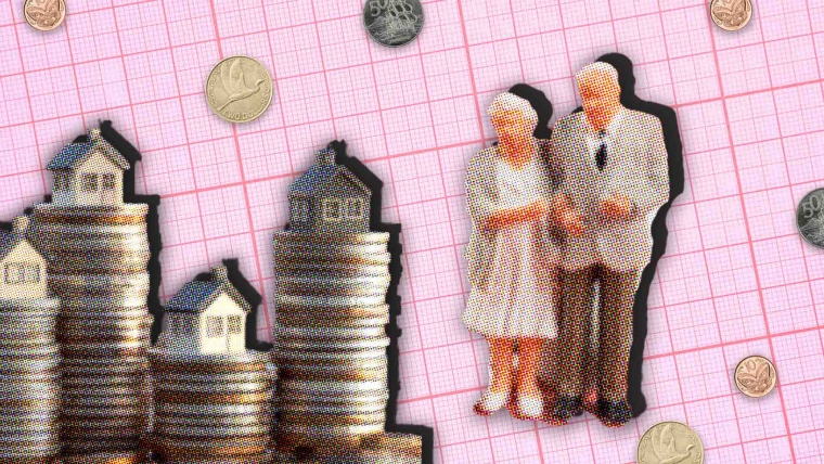 A composite image of gridded paper overlayed with New Zealand money, a miniature couple, and miniature homes on stacks of coins.