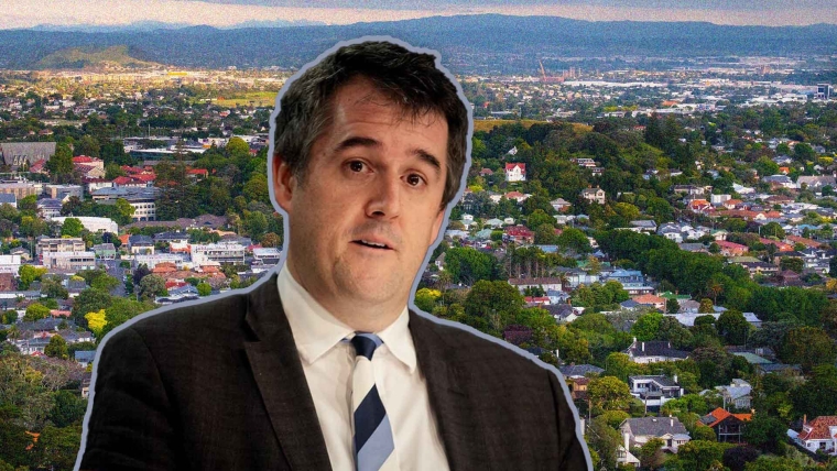 A composite image of Housing Minister Chris Bishop and a view of houses in Auckland.