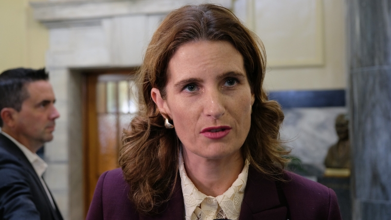 Finance Minister Nicola Willis talks to reporters.