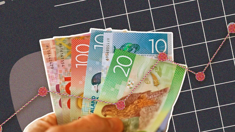 A composite image of a background with lines and an abstract pattern overlayed with a line chart and a hand holding New Zealand money.