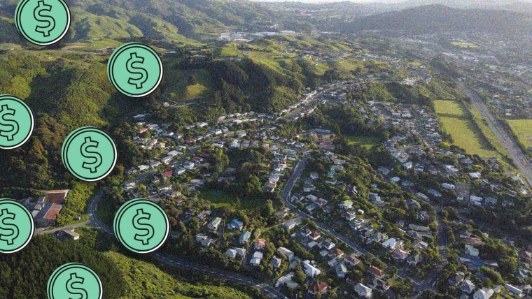 A composite image of dollar signs overlayed on an aerial shot of Tawa in Wellington.