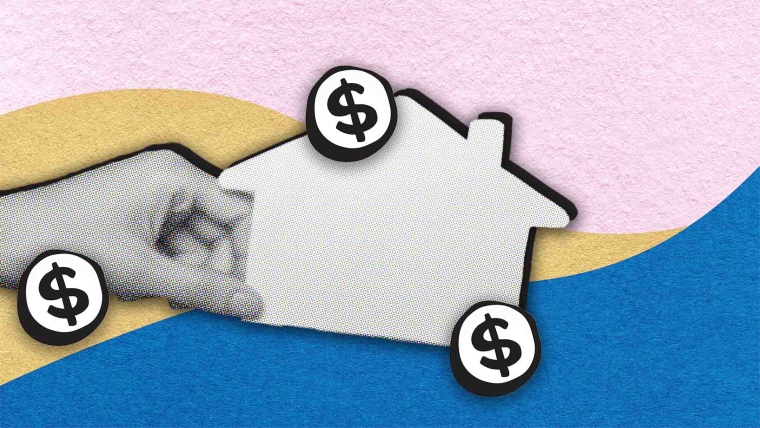 A composite image of an abstract pink, mustardy beige, blue texture paper background overlayed with a hand holding a cut out of a house which is surrounded by some dollar sign vectors.