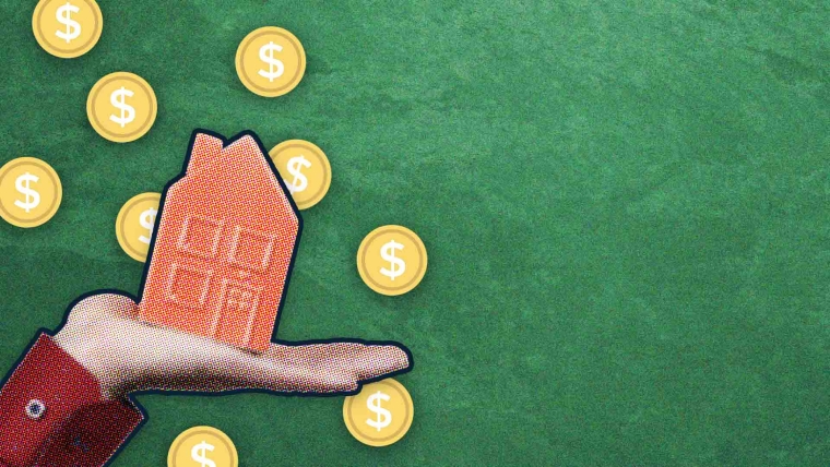 A composite image of a green background overlayed with a hand holding a model house and dollar sign icons.