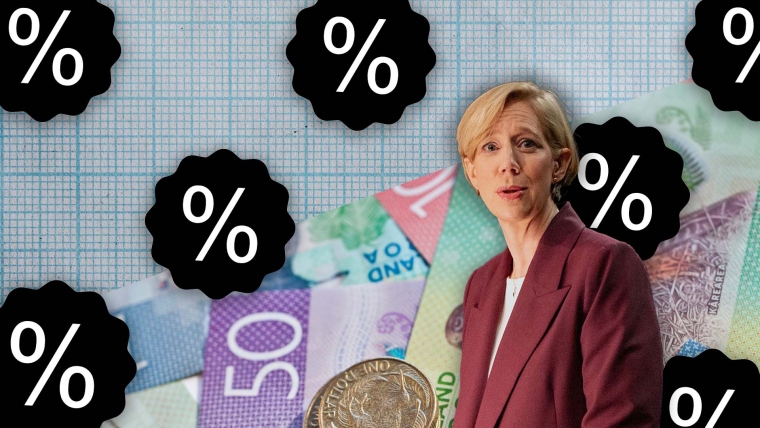 A composite image of grid paper and New Zealand money overlayed with an image of Reserve Bank Governor Anna Breman and percentage signs. 