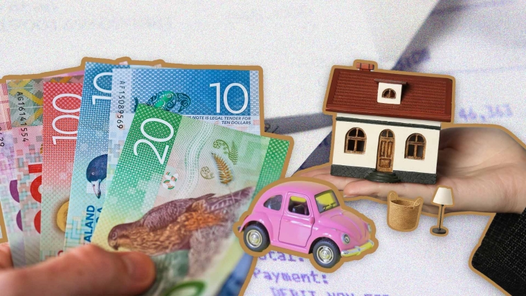A composite image of receipts overlayed with a hand holding New Zealand money, a hand holding a model house, a model car, and a model lamp and basket.