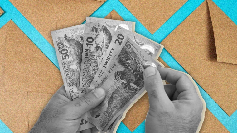 A composite image of brown envelopes on a blue background overlayed with someone's hands holding money.