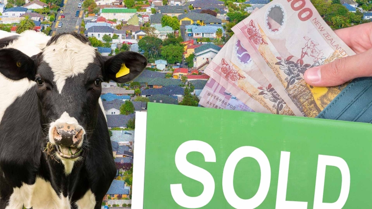 A composite image of New Zealand houses overlayed with a cow, a hand holding money that's being pulled out of a wallet and a sold sign.