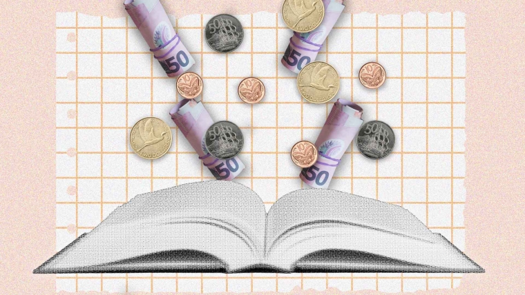 A composite image of a pink background and grid paper overlayed with New Zealand coins and notes and an open book.