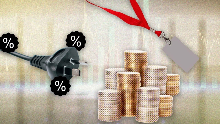 A composite image of a graph background overlayed with an electrical plug, percentage icons, stacks of coins and a lanyard.