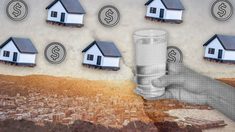 A composite image of Wellington overlayed with dollar signs, model houses and a hand holding water.