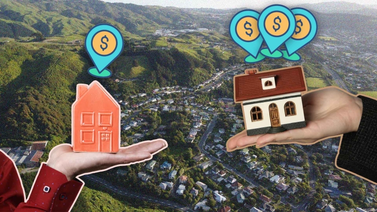 A composite image of a Wellington suburb overlayed with two hands holding model houses with map location pin icons featuring a dollar sign hovering above.