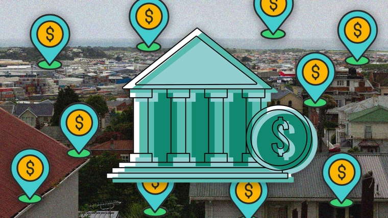 A composite image of Dunedin overlayed with a drawing of a bank and location pins with dollar signs. 