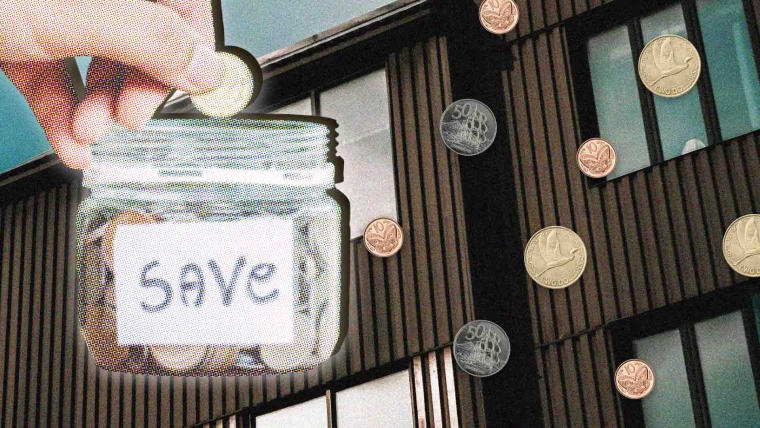 A composite image of a house overlayed with a hand putting a dollar into a savings jar and New Zealand coins.