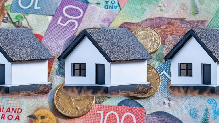 A composite image of New Zealand money overlayed with three model houses.