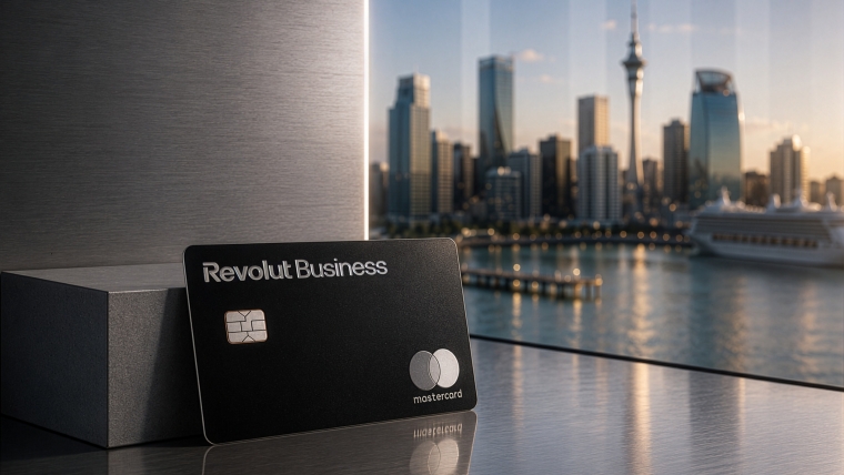 An image of a Revolut Business card against a city backdrop