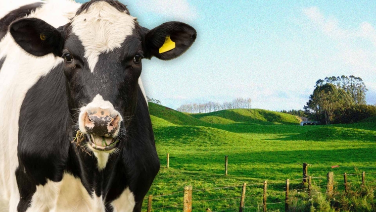 A composite image of a New Zealand farm overlayed with an image of a cow.