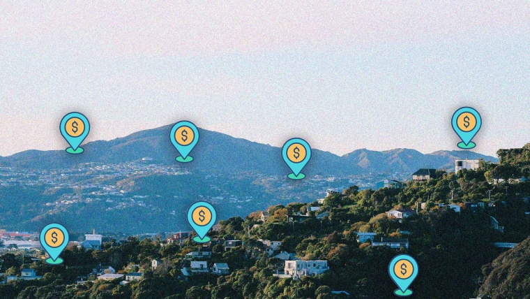 A composite image of an aerial view of a New Zealand city overlayed with location icons that have a dollar sign. 