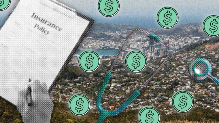 A composite image of Wellington overlayed with dollar signs, an insurance policy and a stethoscope.