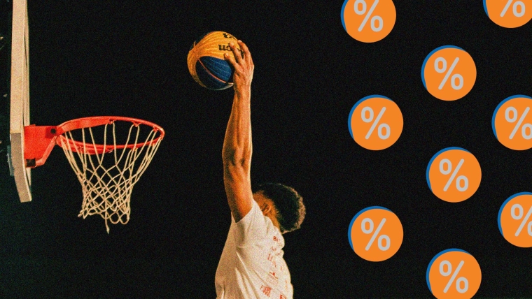A composite image of someone doing a slam dunk overlayed with percentage signs.