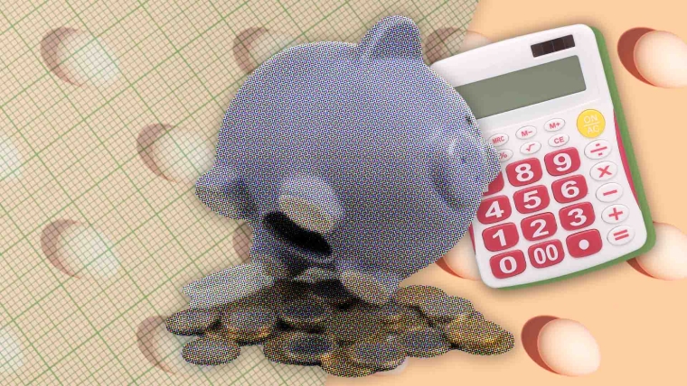 A composite image of an arrangement of eggs scattered across a soft peach backdrop, overlayed with grid paper, a piggy bank with coins coming out and a calculator.