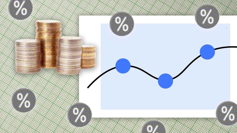 A composite image of grid paper overlayed with a dot plot, percentage icons and a stack of coins.