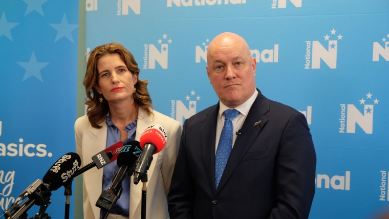 National Party leader Christopher Luxon and deputy leader Nicola Willis speak to media.
