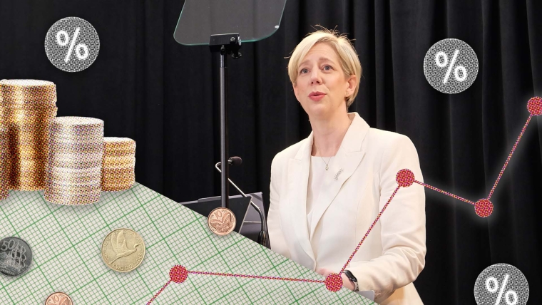 A composite image of Anna Breman overlayed with coins and stacks of coins, a dot plot, percentage icons and grid paper.