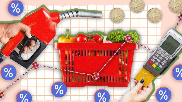 A composite image of a hand holding a petrol pump, New Zealand coins, a supermarket basket, a hand inserting a card into an eftpos terminal and percentage icons overlayed on pink paper and graph paper