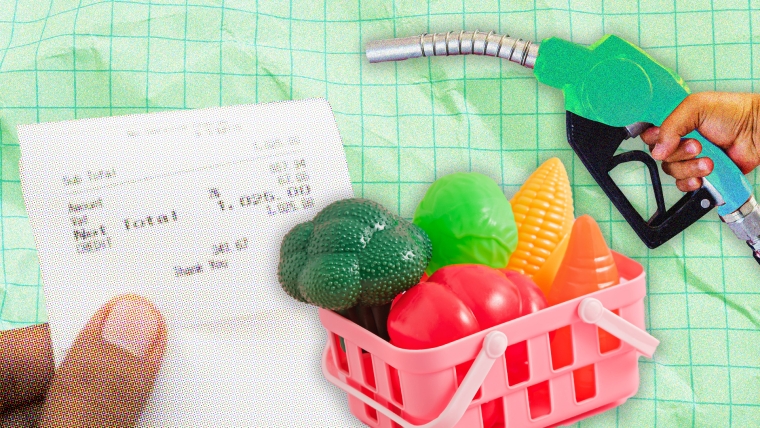 A composite image of grid paper overlayed with a hand holding a petrol nozzle, a hand holding a receipt and a toy supermarket basket full of plastic fruit and vegetables.
