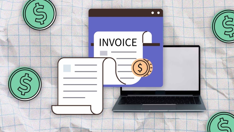 A composite image of grid paper overlayed with a laptop, dollar sign icons and an invoice graphic.