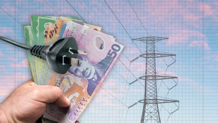 A composite image of a pylon overlayed with grid paper, a hand holding New Zealand money and an electrical plug.