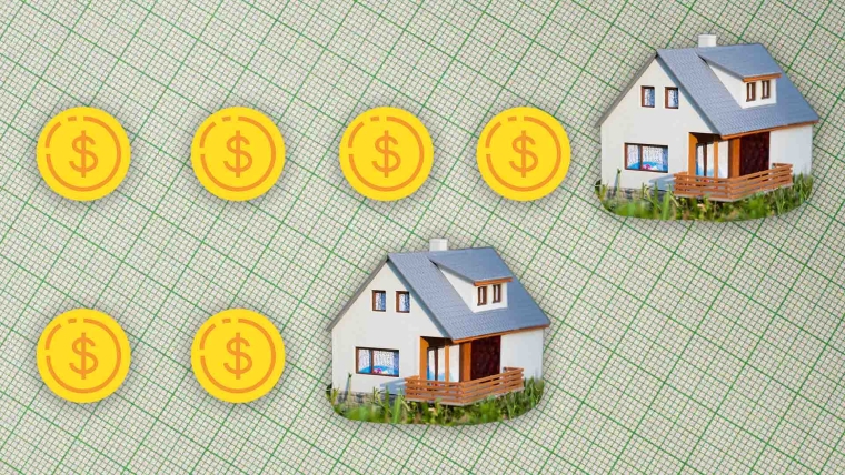 A composite image of green grid paper overlayed with dollar signs and model houses.